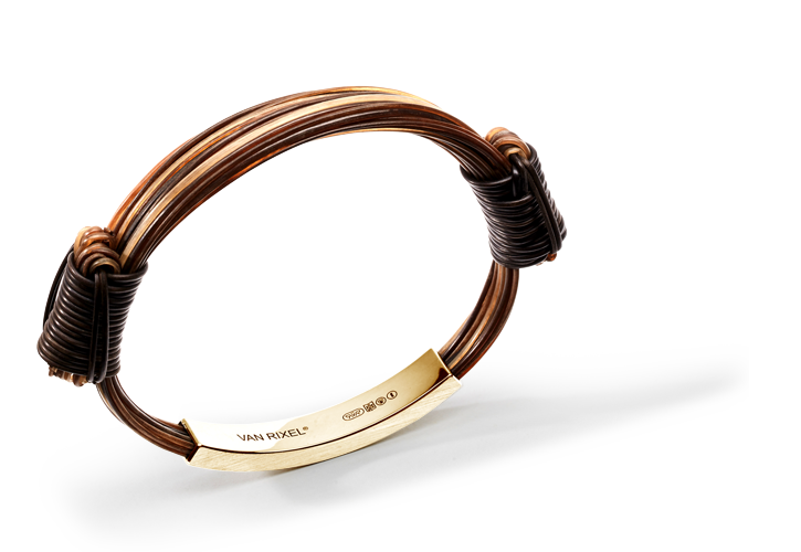 Een luxe, High End 18 kt Geelgouden heren- of dames-armband, handgemaakt met exclusief bruin Olifantenhaar en schuifknopen - Medium